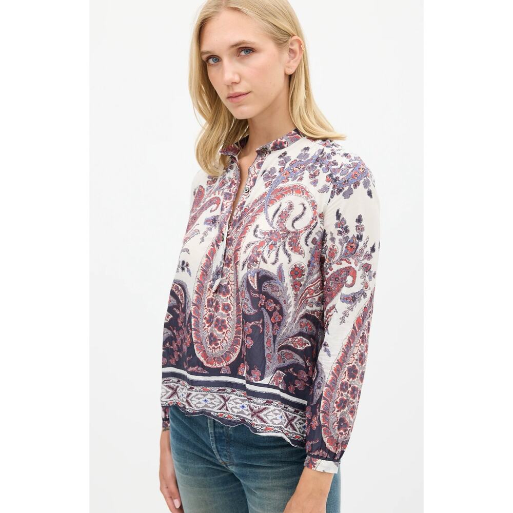 Etoile Isabel Marant Blue Red Paisley Cotton Voile Peasant Blouse 42 10 XL